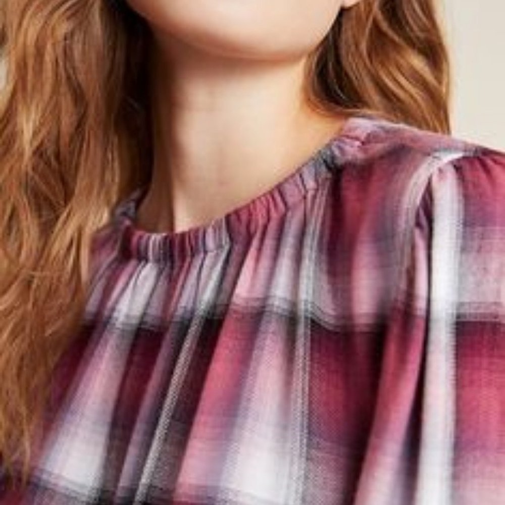 Anthropologie Cloth & Stone Glacier Pink Plaid Long Balloon Sleeve Top S - Picture 9 of 9